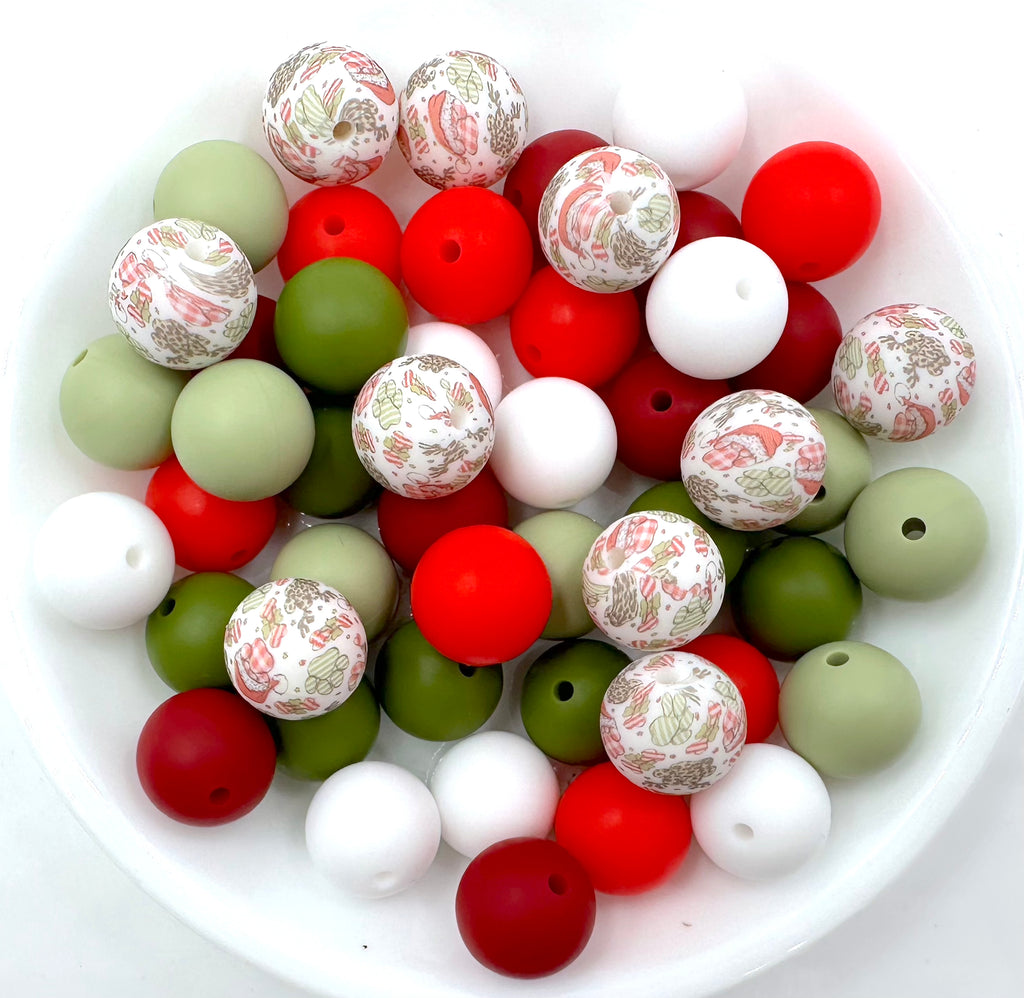 Vintage Christmas Silicone Bead Mix--Sage, Strawberry Red, White, Army Green, Cranberry