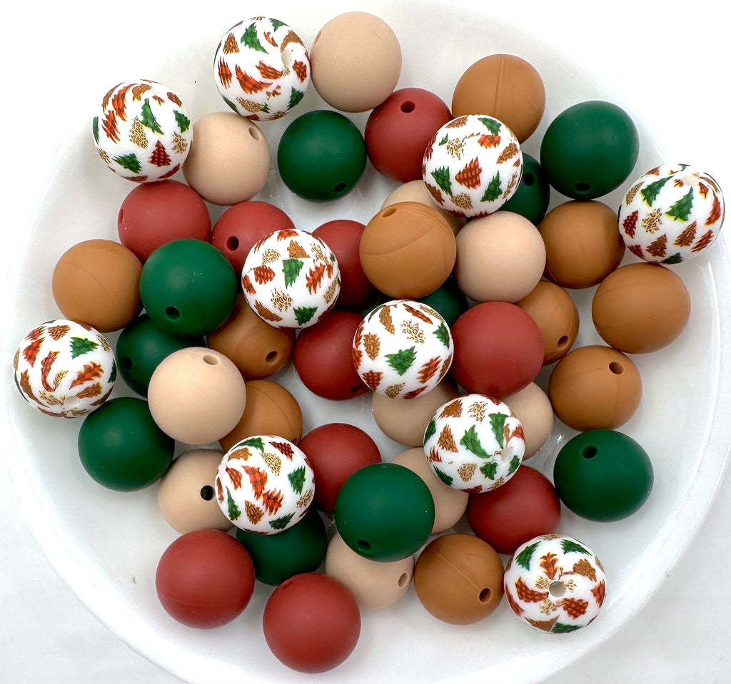 Christmas Tree Silicone Bead Mix--Velvet Clay, Hazelnut, Forrest Green, Oatmeal