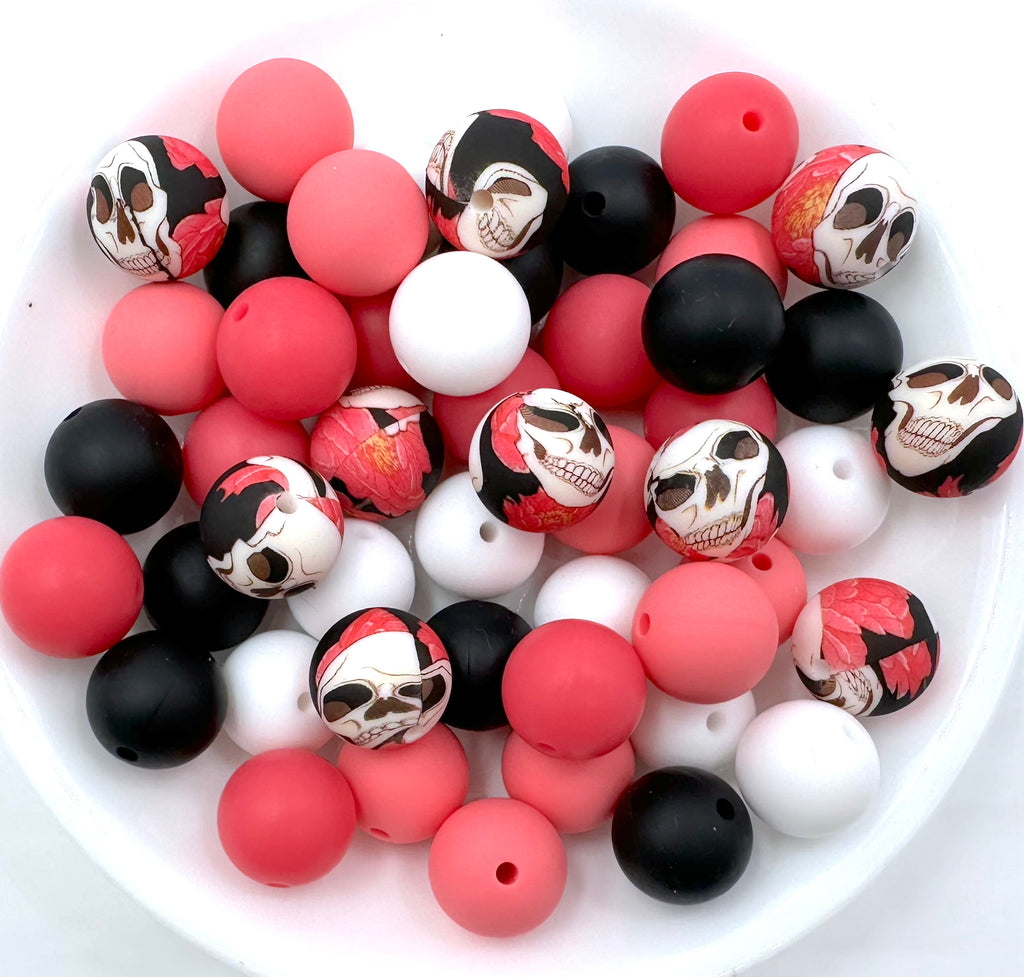 Halloween Skull Silicone Bead Mix--White, Black, Perfectly Pink, Light Hot Pink