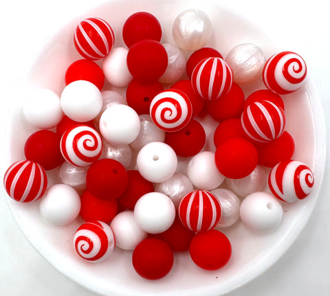 Peppermint Christmas Silicone Bead Mix--White, Red, Strawberry Red, Metallic White