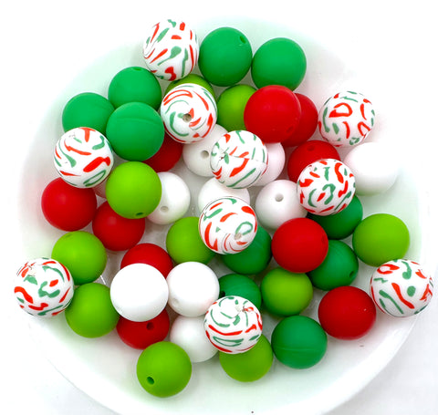 Christmas Confetti Silicone Bead Mix--White, Red, Green, Kelly Green