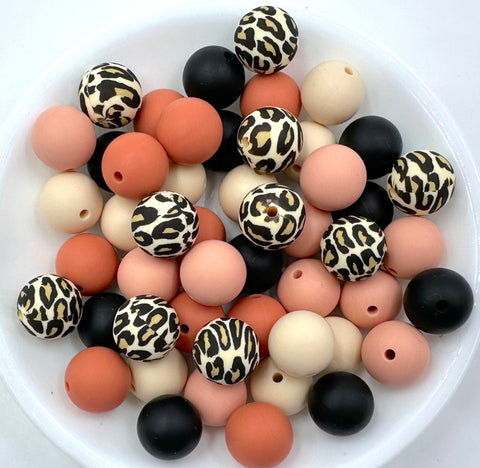 Peach Leopard Silicone Bead Mix--Beige, Ginger, Peach Sorbet, Black