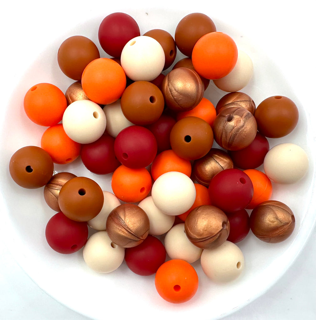 Fall & Thanksgiving Silicone Bead Mix--Metallic Copper, Cranberry, Orange, Beige, Spice Brown