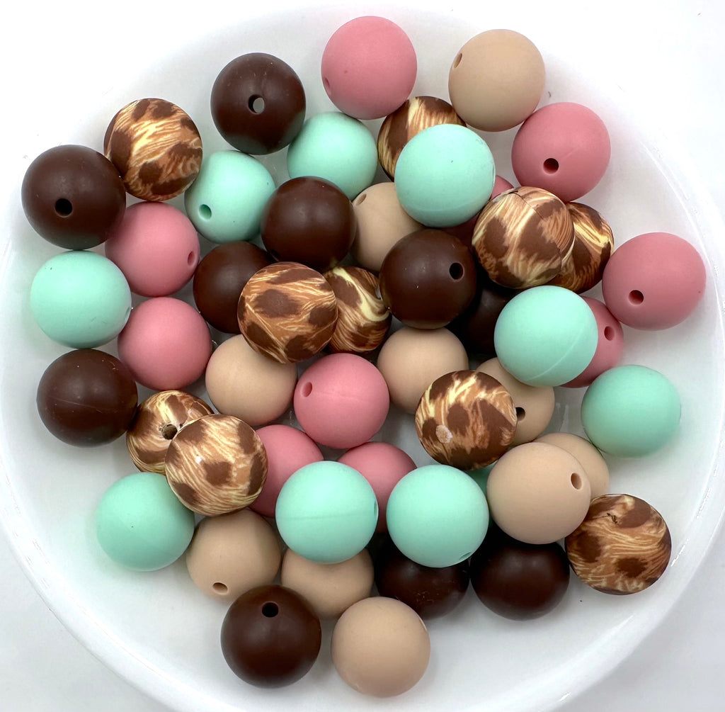 Brown Leopard Silicone Bead Mix--Brown, Mint, Dusty Rose, Oatmeal