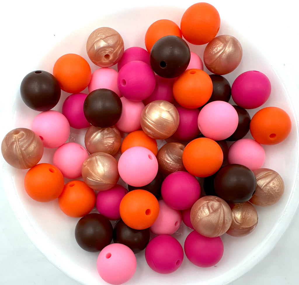 Fall & Thanksgiving Silicone Bead Mix--Rose Gold, Pink, Orange, Hot Pink, Brown