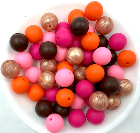 Fall & Thanksgiving Silicone Bead Mix--Rose Gold, Pink, Orange, Hot Pink, Brown