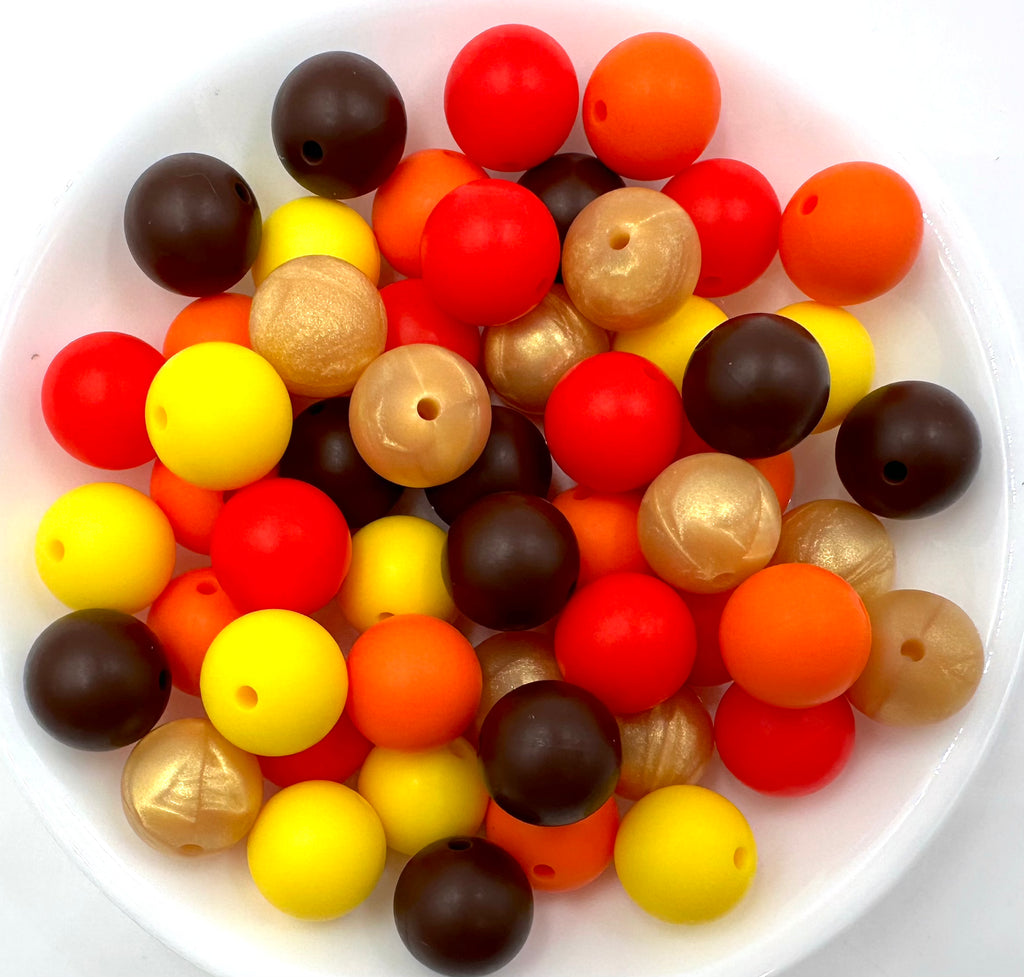 Fall & Thanksgiving Silicone Bead Mix--Red, Orange, Brown, Yellow, Metallic Gold