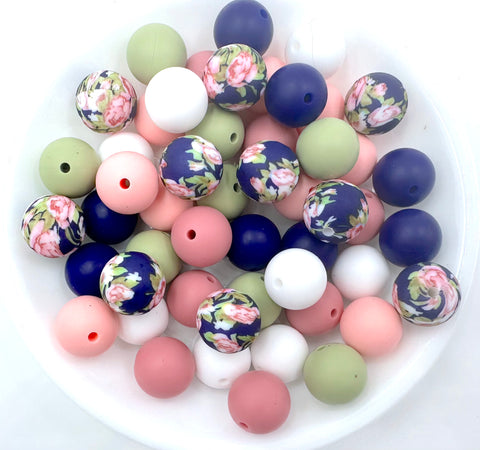 Navy Victorian Flower Silicone Bead Mix--White, Pink Quartz, Dusty Rose, Sage, Navy Blue