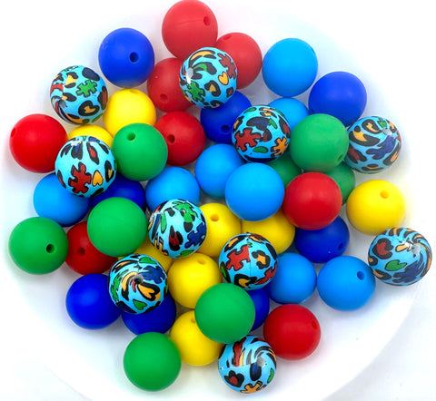 Blue Autism Awareness Silicone Bead Mix--Red, Yellow, Kelly Green, Sky Blue, Royal Blue