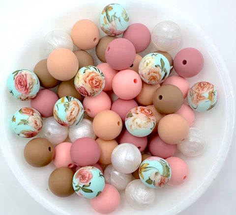 Light Blue Victorian Flower Silicone Bead Mix--Metallic White, Pink Quartz, Dusty Rose, Latte, Peach