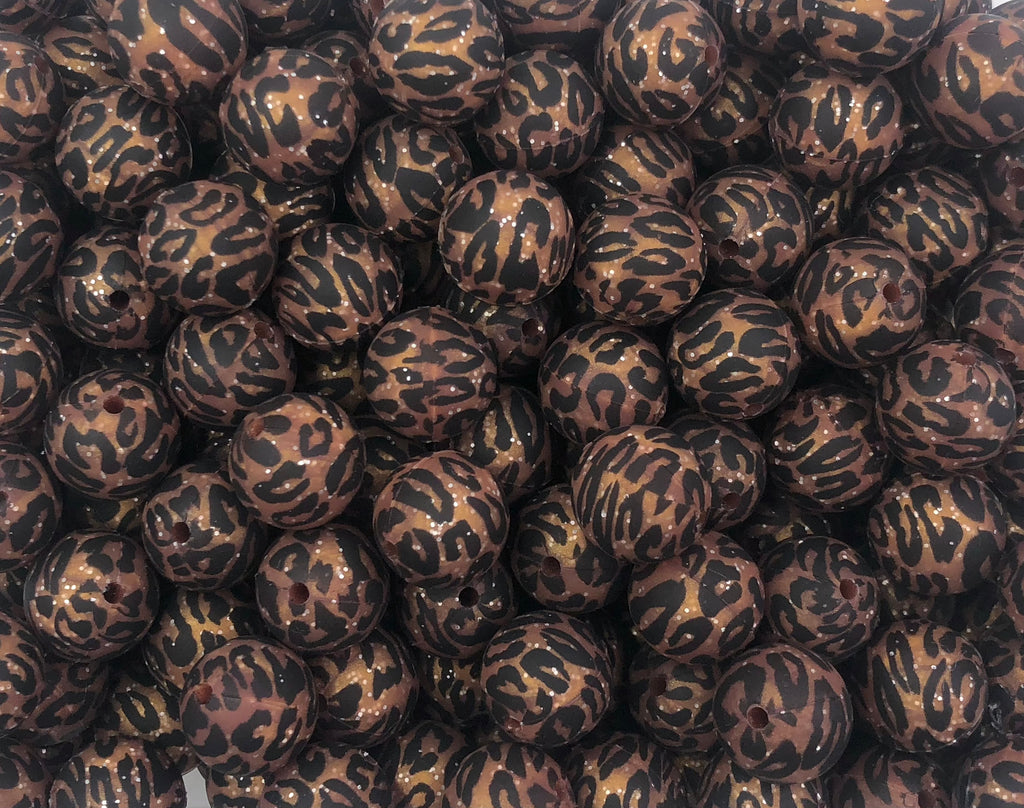15mm Brown Glitter Leopard Silicone Beads