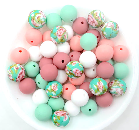 Mint Victorian Flower Silicone Bead Mix--White, Pink Quartz, Dusty Rose, Mint