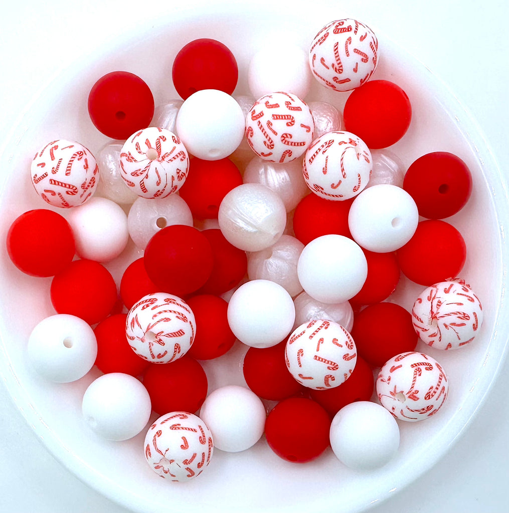 Candy Cane Christmas Silicone Bead Mix-- Strawberry Red, White, Red, Metallic White