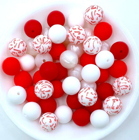 Candy Cane Christmas Silicone Bead Mix-- Strawberry Red, White, Red, Metallic White