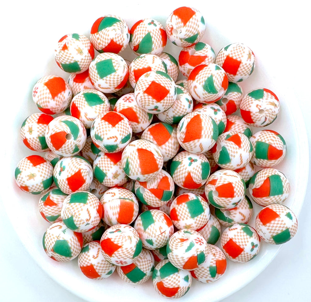 Plaid Christmas Printed Silicone Beads--15mm