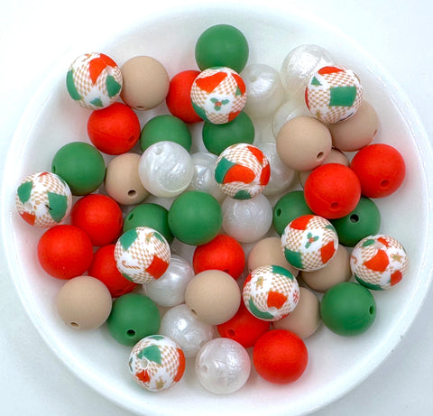 Plaid Christmas Silicone Bead Mix-- Oatmeal, Coral Red, Christmas Green, Metallic White