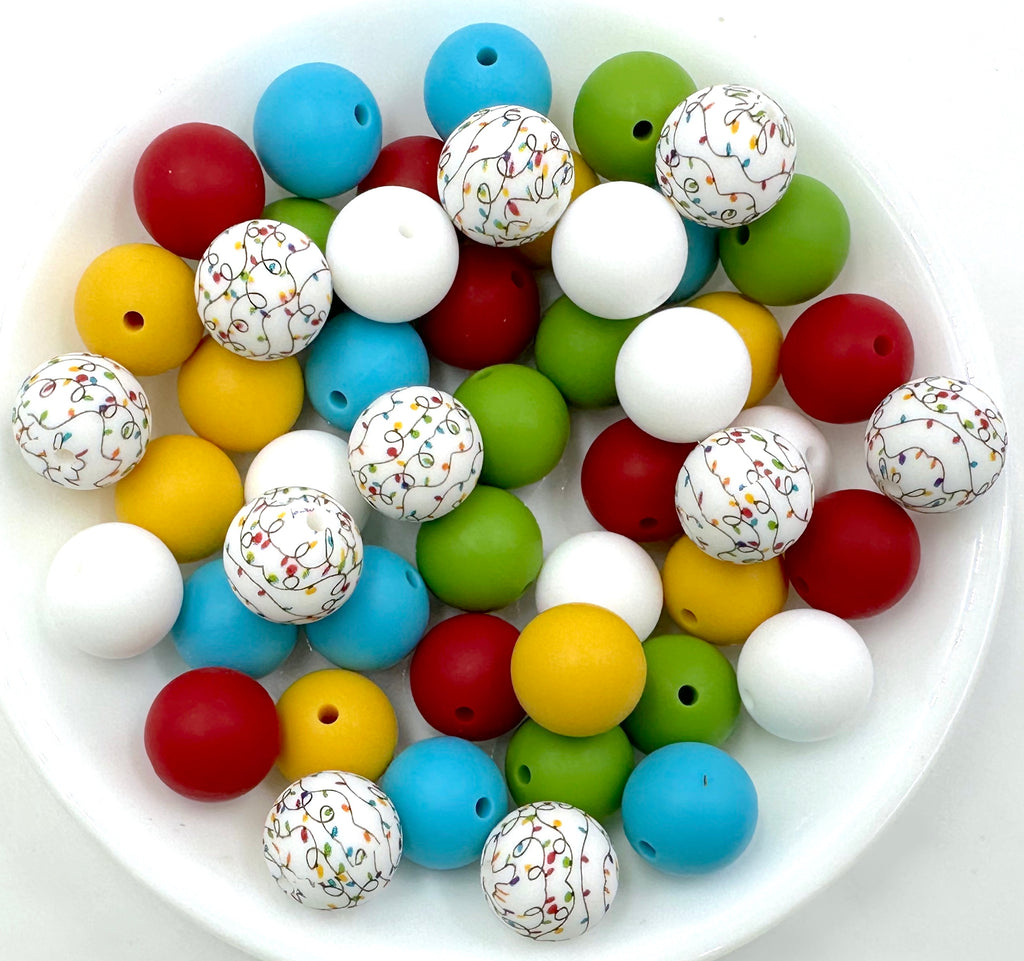 Colorful Christmas Light Silicone Bead Mix-- Cranberry, Island Blue, Olive, Sunflower Yellow, White