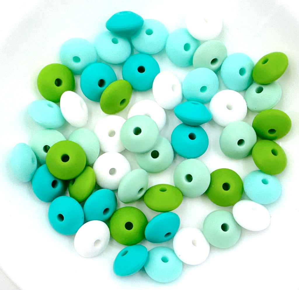 Lentil Silicone Bead Mix--White, Mint, Aqua, Green, Turquoise