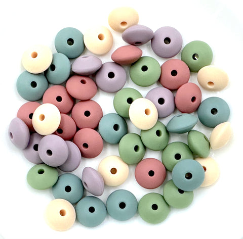 Lentil Silicone Bead Mix--Beige, Green Tea, Beach Blue, Amethyst, Antique Rose