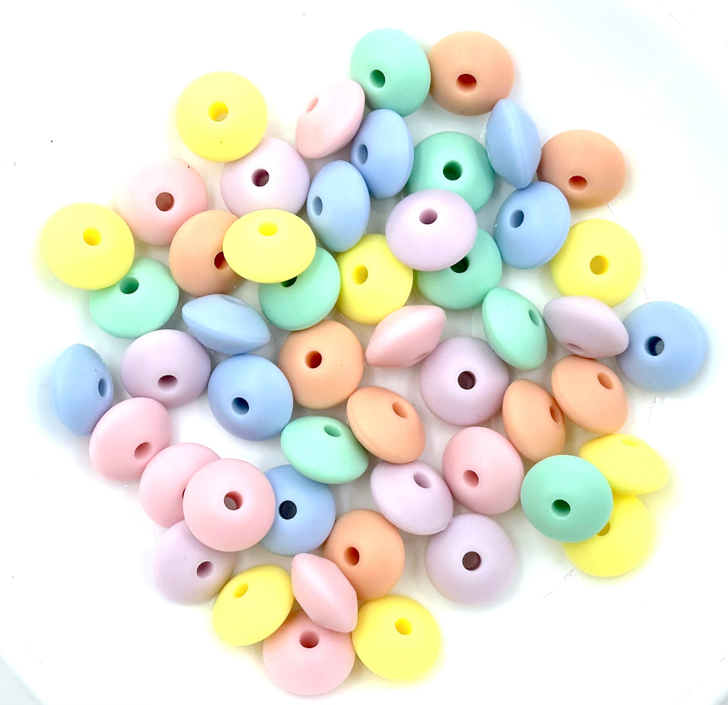 Lentil Silicone Bead Mix-- Power Pink, Peach, Mint, Lilac, Baby Blue, Light Yellow