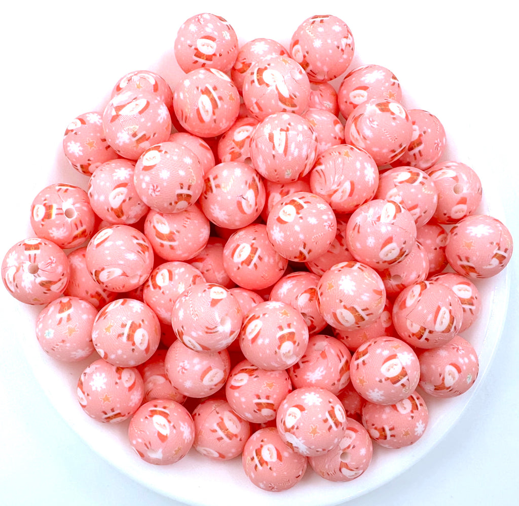 Pink Santa Christmas Printed Silicone Beads--15mm