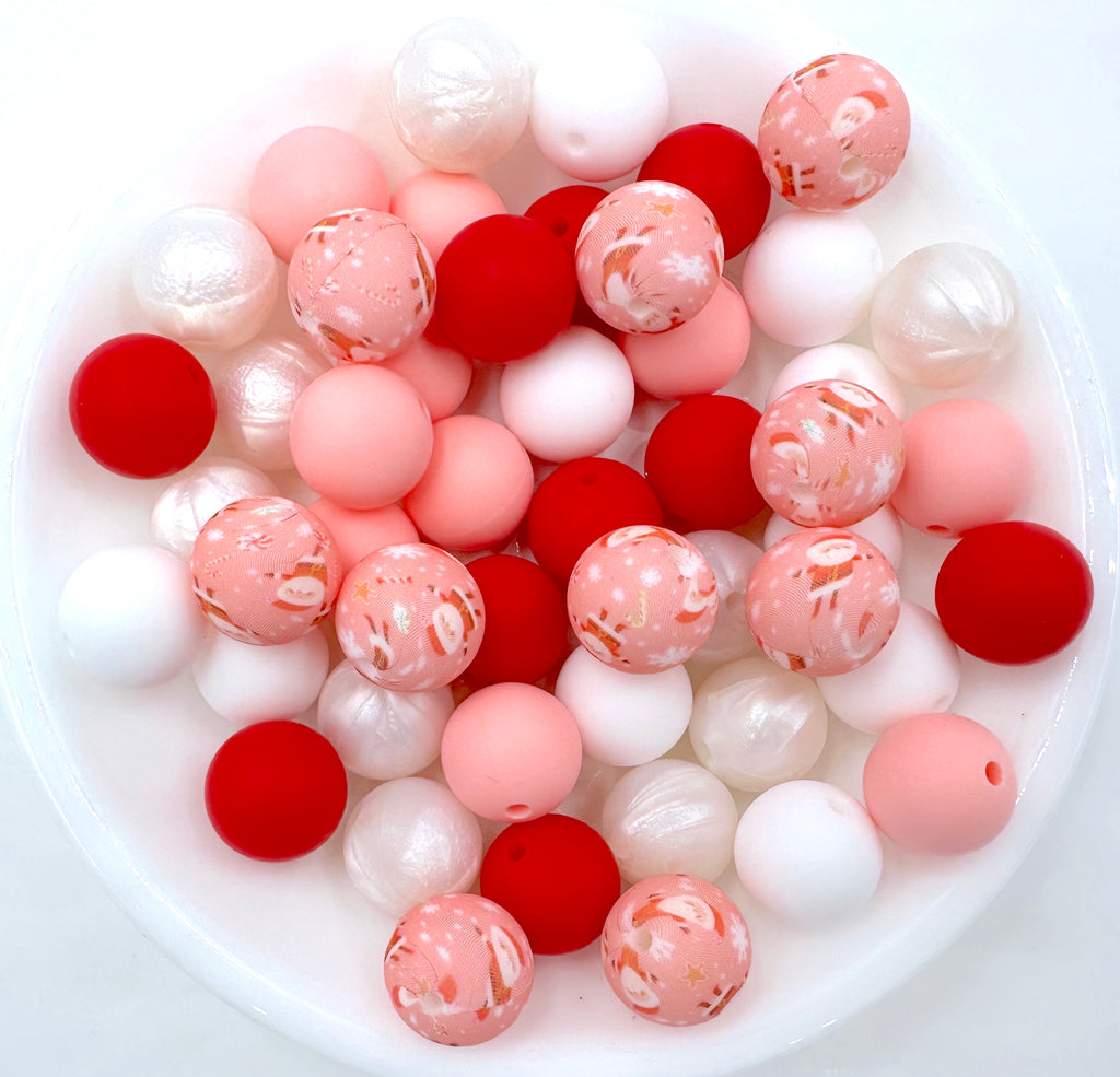 Pink Santa Christmas Silicone Bead Mix--White, Red, Pink Quartz, Metallic White