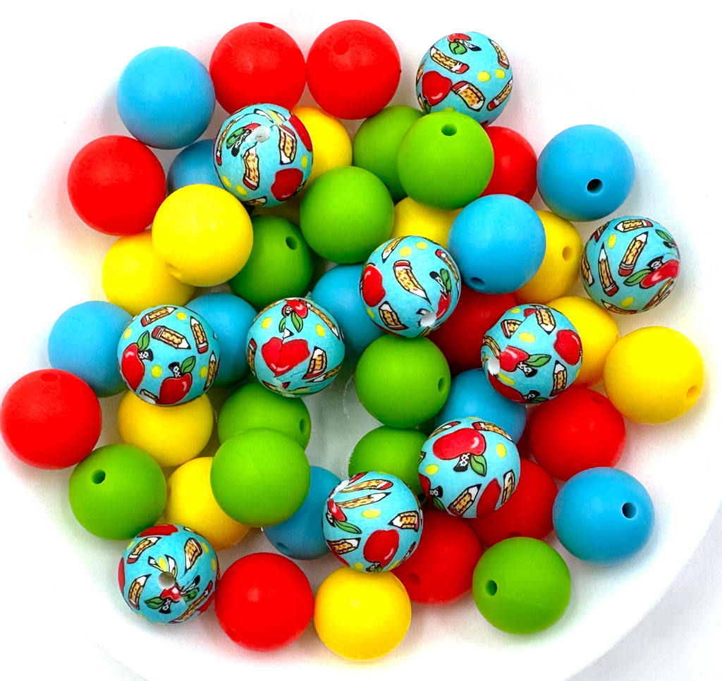 School Apple & Pencil Silicone Bead Mix--Strawberry Red, Yellow, Green, Island Blue