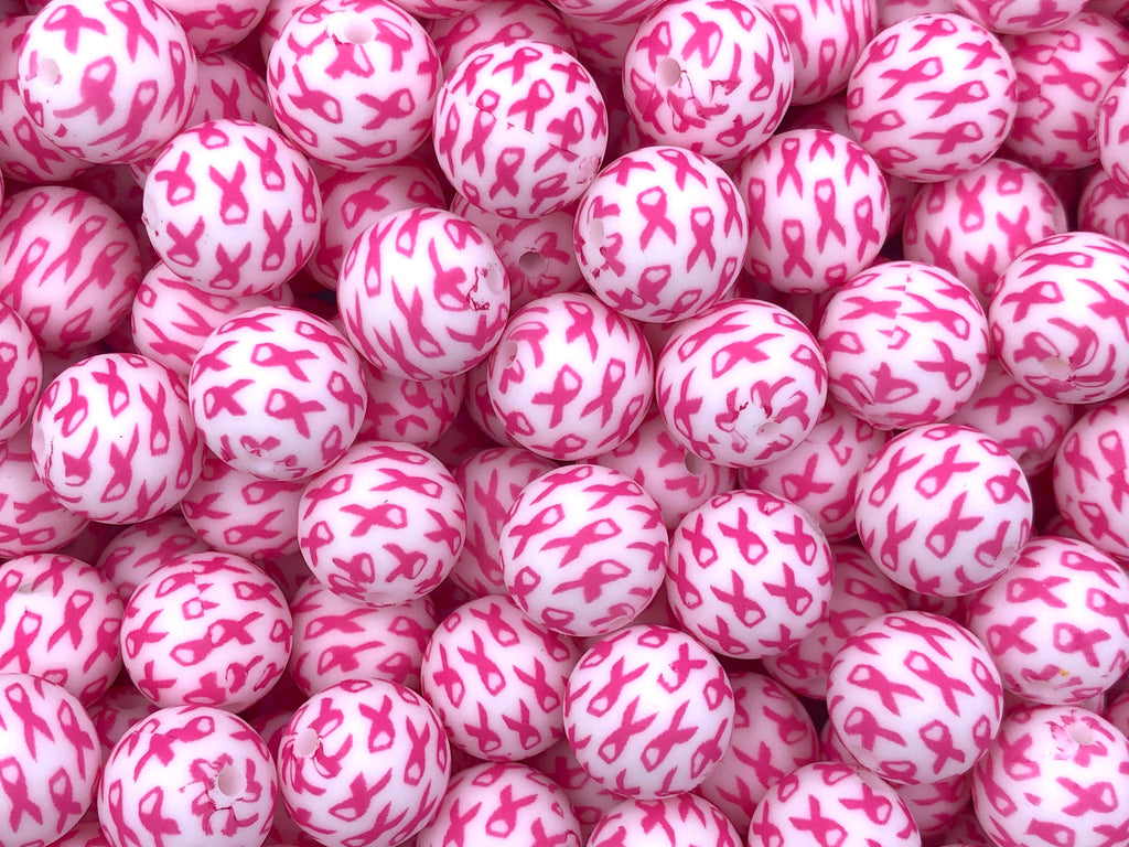 Pink Ribbon Breast Cancer Awareness Silicone Printed Beads--15mm