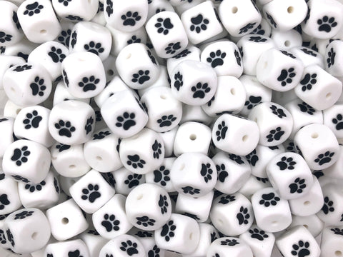 12mm Square White Paw Print Silicone Beads