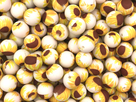 Beige Sunflower Print Silicone Beads--15mm