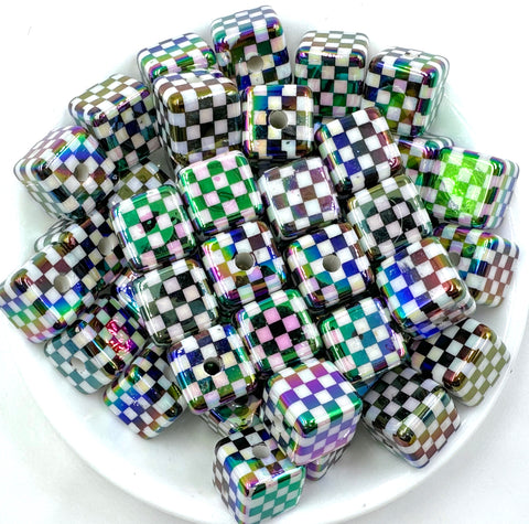 20mm Square Black & White Checkered AB Irridecent Chunky Beads