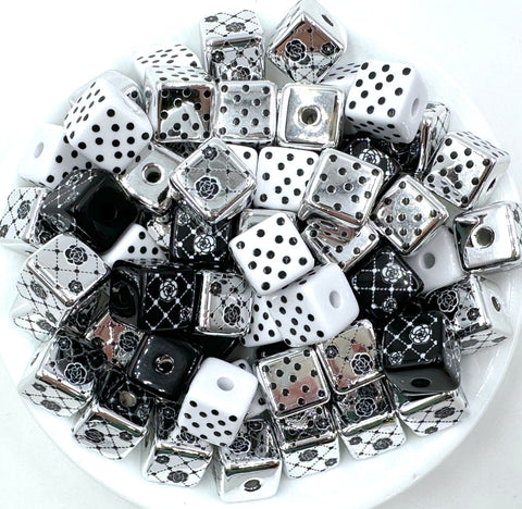 15mm Square Black, White & Silver Chunky Beads