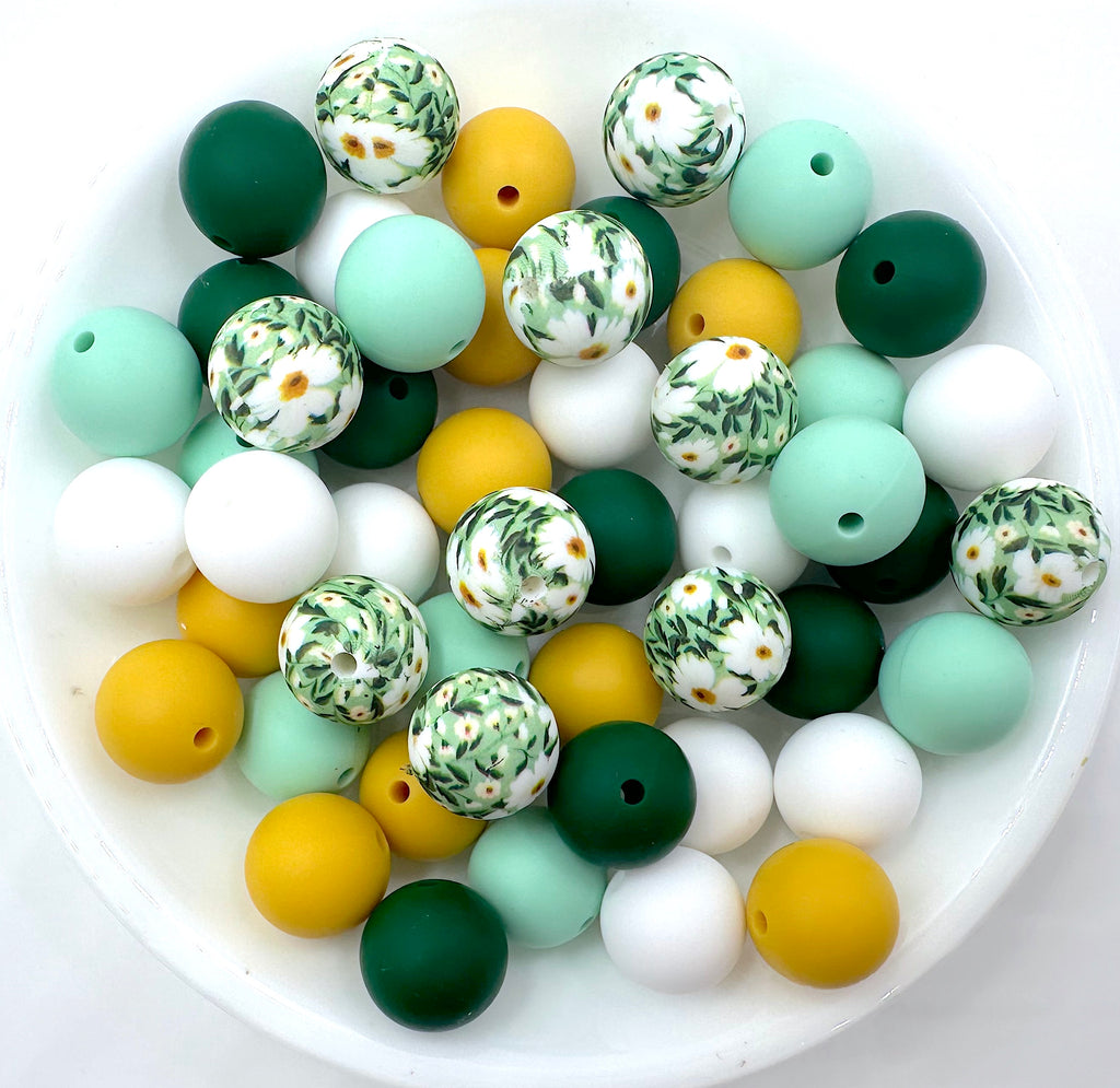 Green & White Daisy Silicone Bead Mix--White, Mint, Sunflower, Forest Green