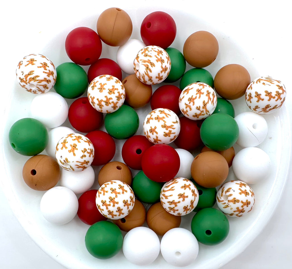 Gingerbread Christmas Silicone Bead Mix--White, Cranberry, Hazelnut, Christmas Green