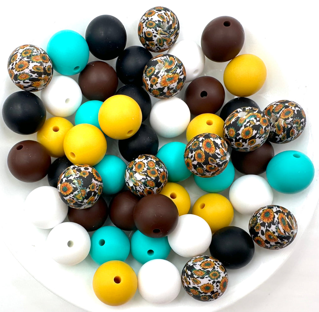 Western Sunflower Silicone Bead Mix--White, Sunflower Yellow, Brown, Turquoise, Black