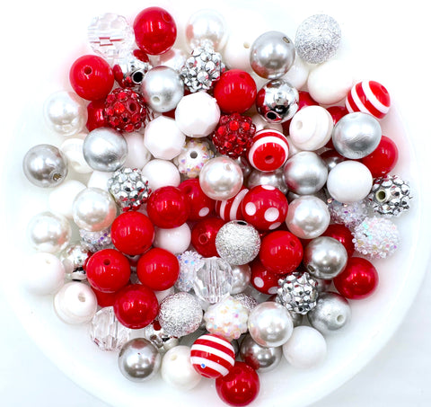 Red, Silver, & White 12mm Acrylic Bead Mix