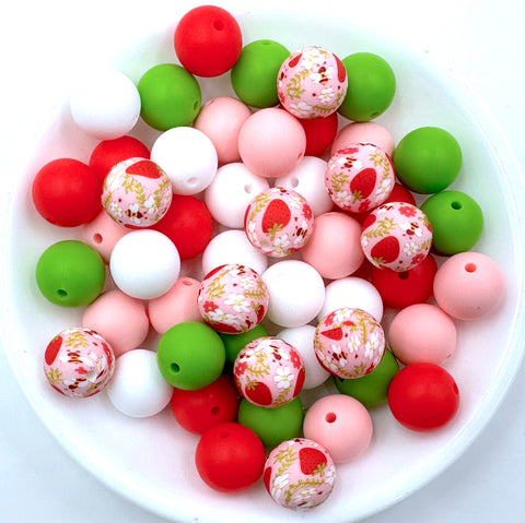 Strawberry Silicone Bead Mix--White, Pink Quartz, Strawberry Red, Green