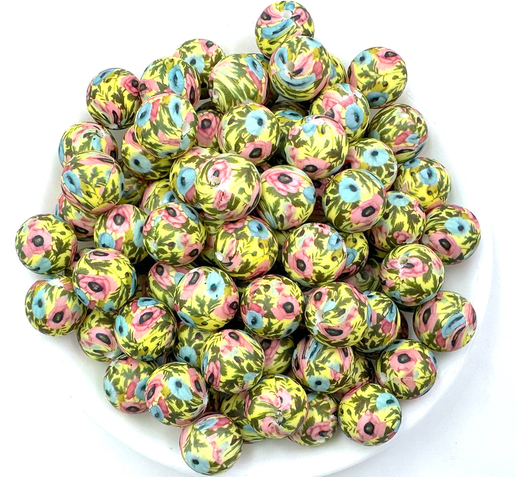 Pink & Blue Flower Print Silicone Beads--15mm