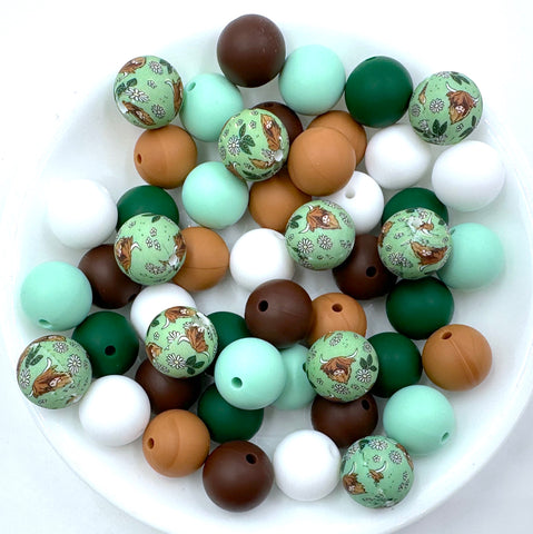 Highland Cow Silicone Bead Mix--White, Mint, Forrest Green, Hazelnut, Brown