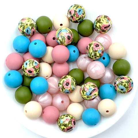 Pink & Blue Flowers Silicone Bead Mix--Dusty Rose, Beige, Pearl Pink, Army Green, Island Blue