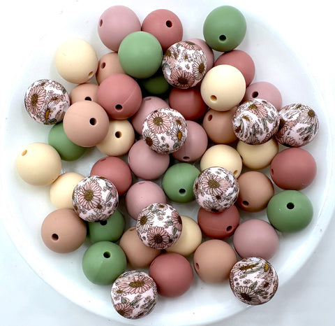 Boho Flower Silicone Bead Mix--Beige, Victorian rose, Vintage Mauve, Green Tea, Antique Rose