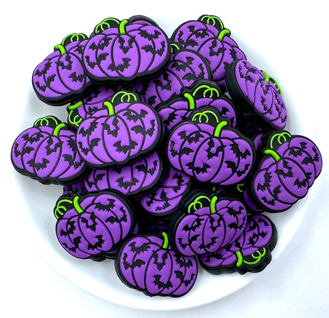 Purple Pumpkin with Bats Silicone Focal Beads