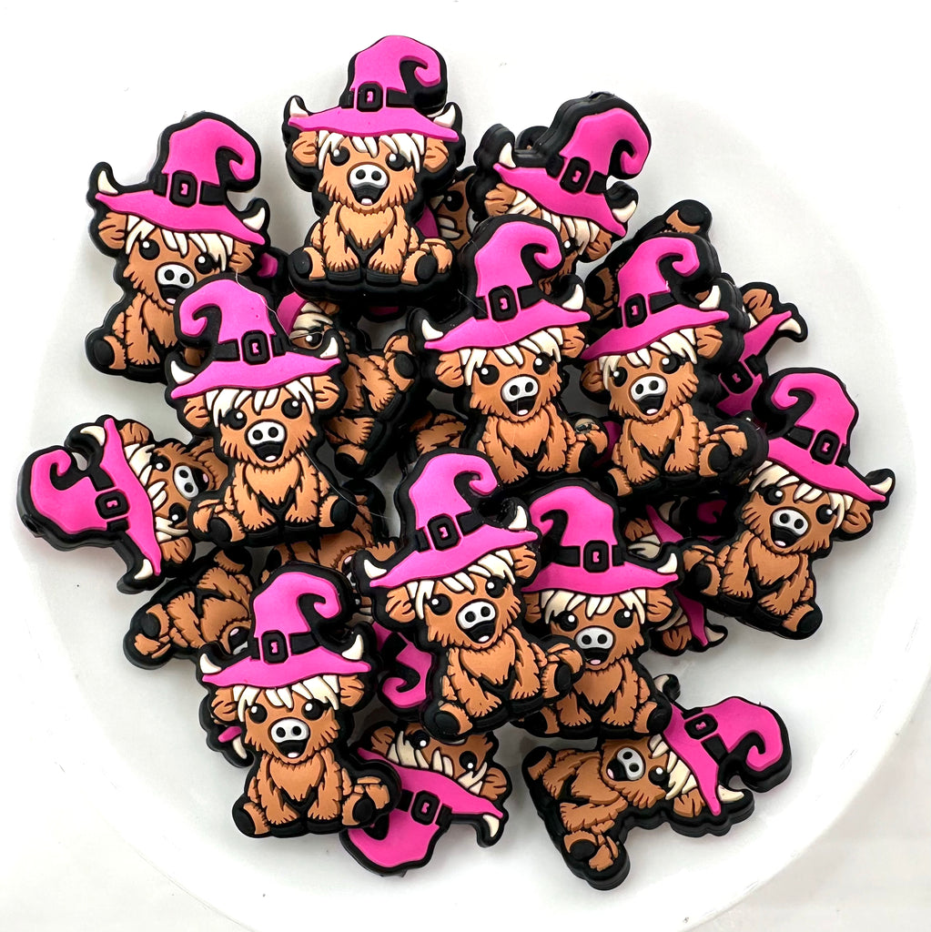 Highland Cow & Witch Hat Silicone Focal Beads--Pink