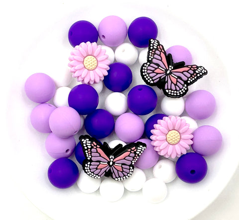 Purple Butterflies & Daisies Silicone Focal Bead Mix