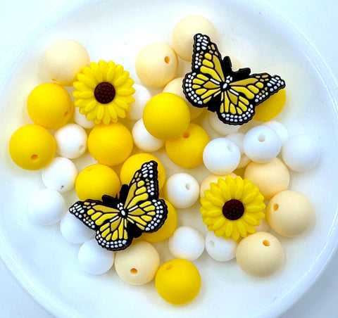 Yellow Butterflies & Daisies Silicone Focal Bead Mix