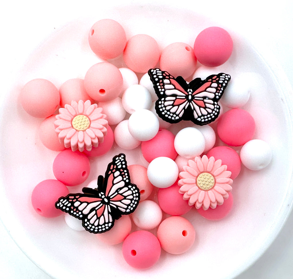 Pink Butterflies & Daisies Silicone Focal Bead Mix