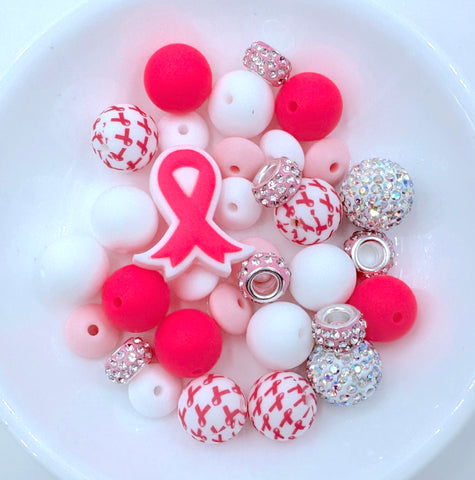 Pink Ribbon Breast Cancer Awareness Silicone Focal Bead Mix