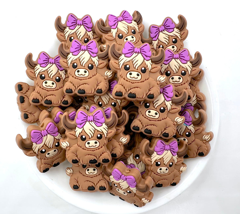 Highland Cow with Purple Bow Silicone Focal Beads