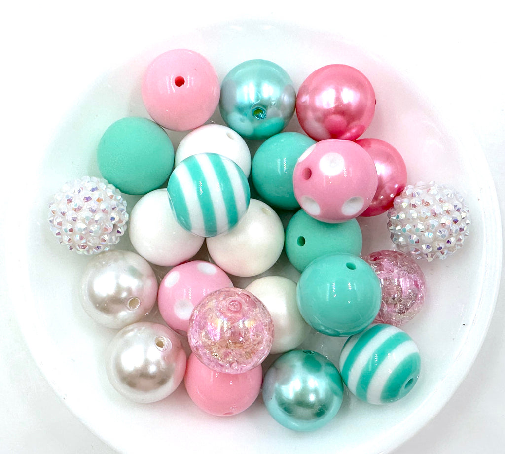 20mm Mint, Pink & White Chunky Bead Mix