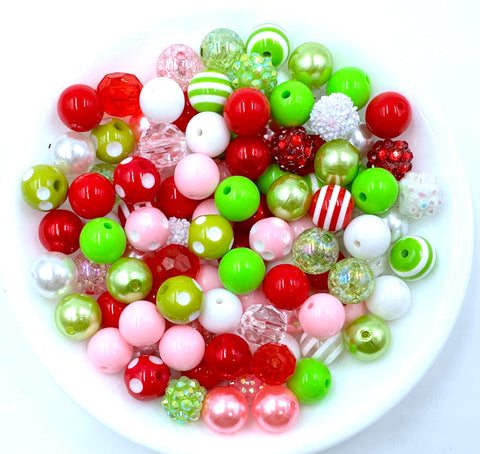 Red, Green, Pink & White 12mm Acrylic Bead Mix